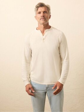 NWT Faherty Long Sleeve Cloud Henley Ivory Heather Pima Cotton Mens Top